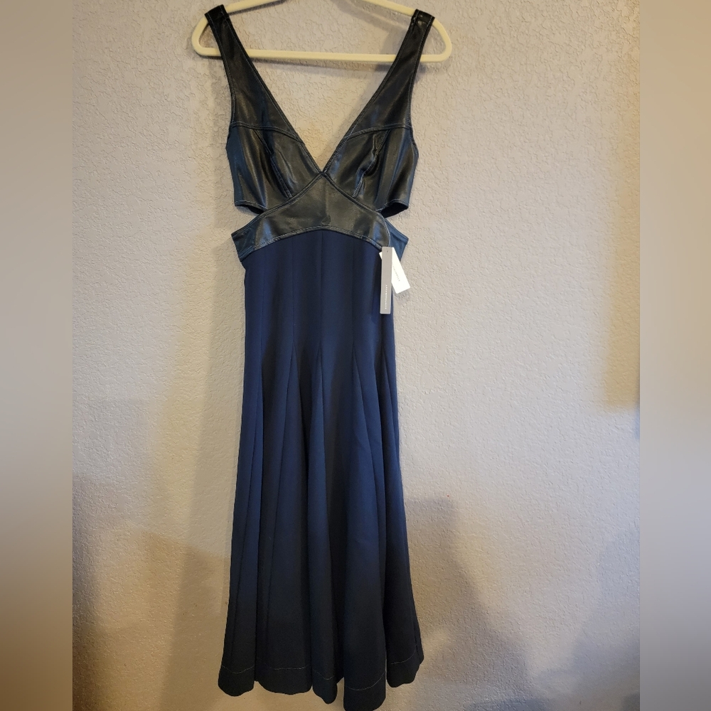 ANTHROPOLOGIE Faux Leather Cut-Out Sleeveless V-Neck A-LIne Midi Dress, Size 4